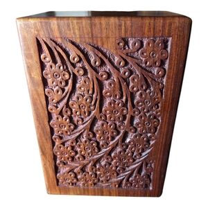 Handcrafted Wooden Pet Urn - Brown Floral Design